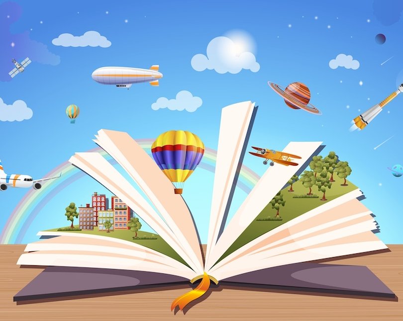 Illustration of book with open skies around