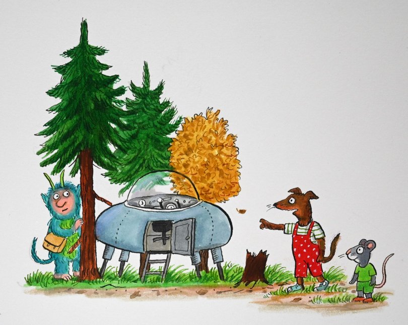 An illustrated scene of an alien hiding behind a tree next to his spaceship, with a dog and mouse pointing at it