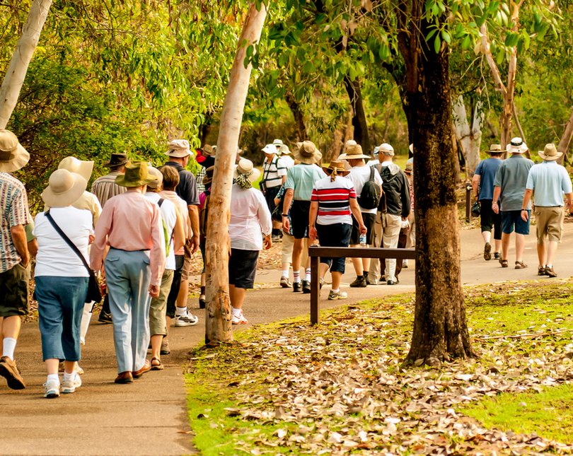 A group of people walking through a park