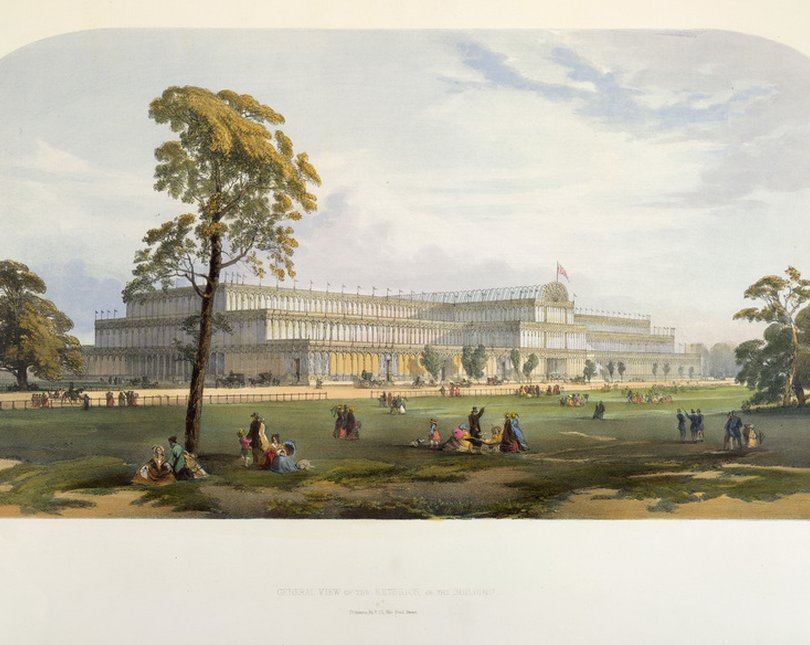 A drawing on the Crystal Palace, which housed the 1851 Great Exhibition, with trees and gardens surrounding it