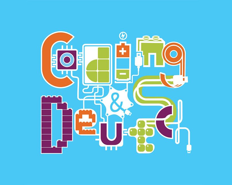 A blue background with Coding & Deutsche written in computer-inspired lettering