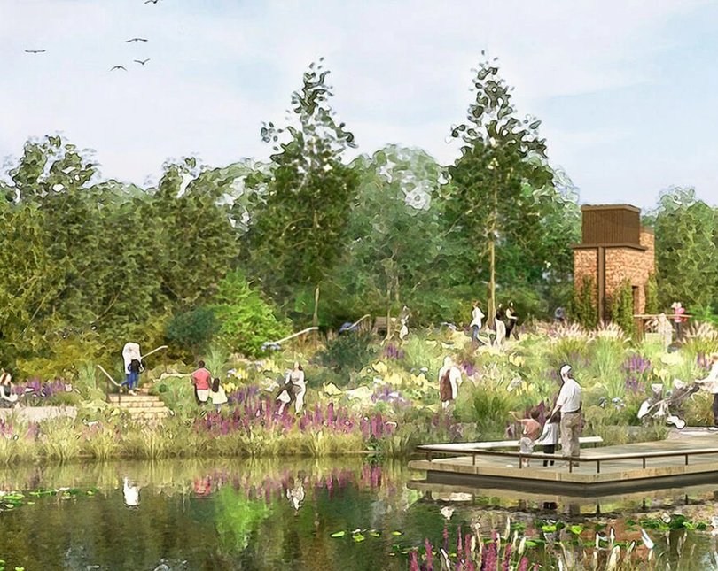 Painting of a garden and pond