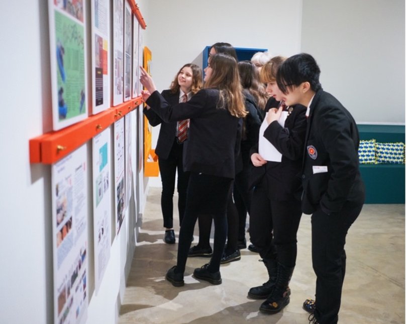 Student finalists looking at V&A Innovate National Schools Challenge 2019-2020 display © Victoria & Albert Museum, London