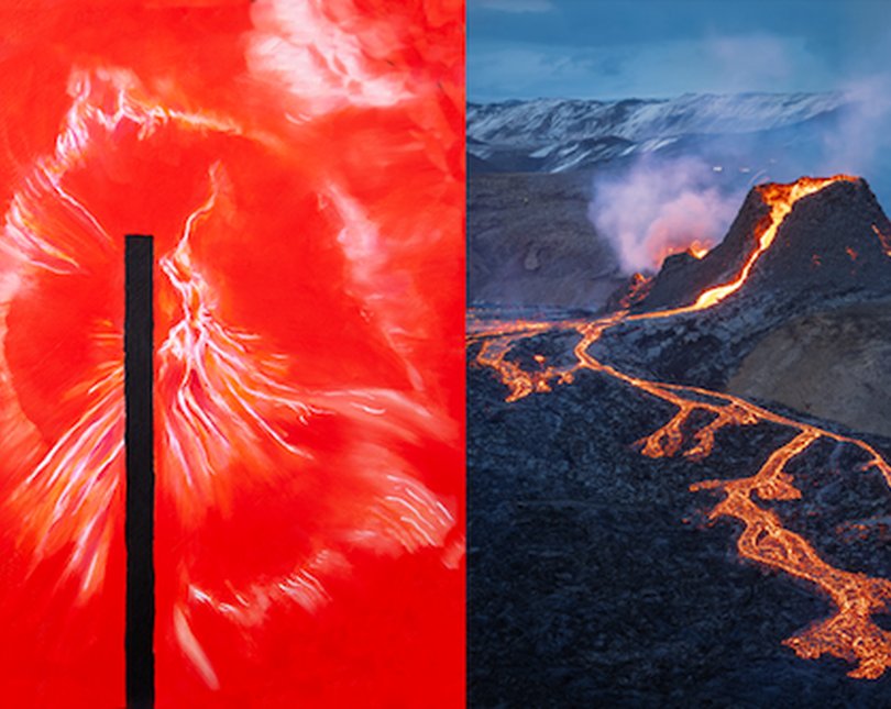 Red painting alongside photo of a volcano