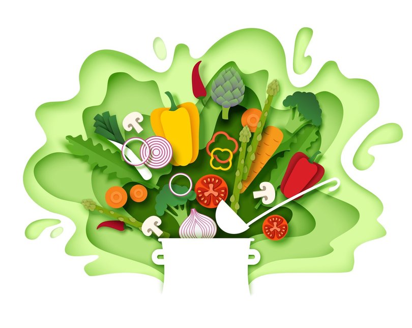 An illustration of vegetables on a green swirly background