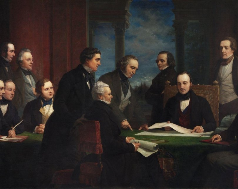 Oil painting entitled 'The Royal Commissioners for the Exhibition of 1851' by Henry Wyndham Phillips. Great Britain, ca. 1850. Given by H. M. Commissioners for the Exhibition of 1851, © Victoria & Albert Museum, London