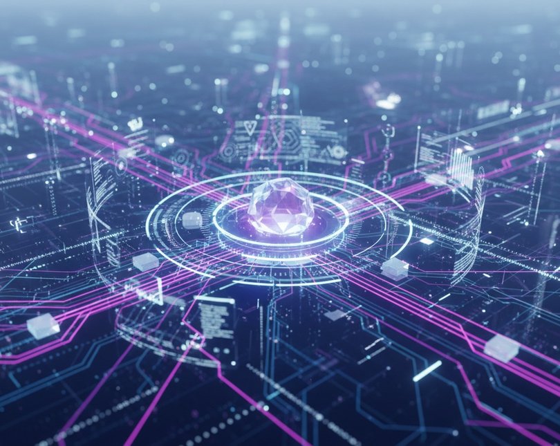 Purple and blue graphic with a crystal in the centre and lots of lines, graphs and data surrounding it