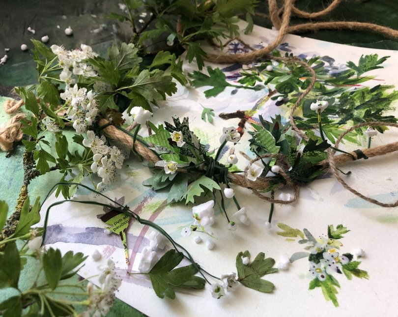 Scattered flowers and garland materials