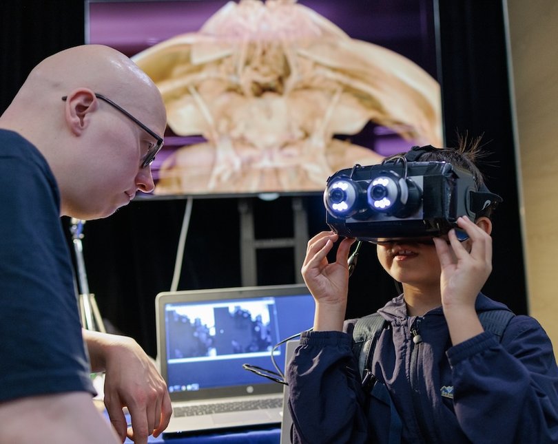 Young boy wearing high tech goggles