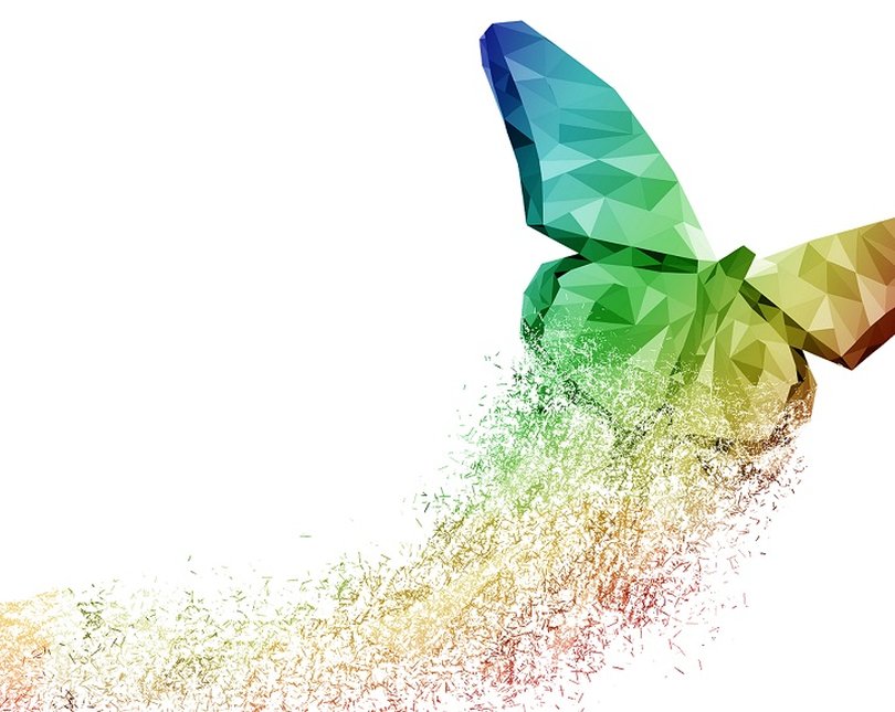 Image of a multi-coloured butterfly forming from pixels