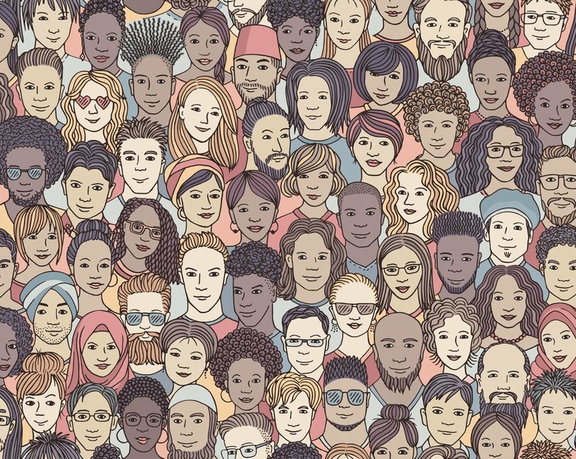A crowd of many different human faces, of diverse age, race and appearance