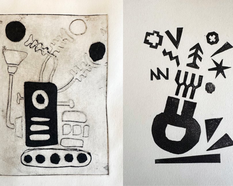 Black and white cartoons of robots