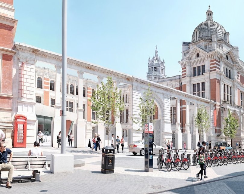 Facade of V&A museum on a sunny day
