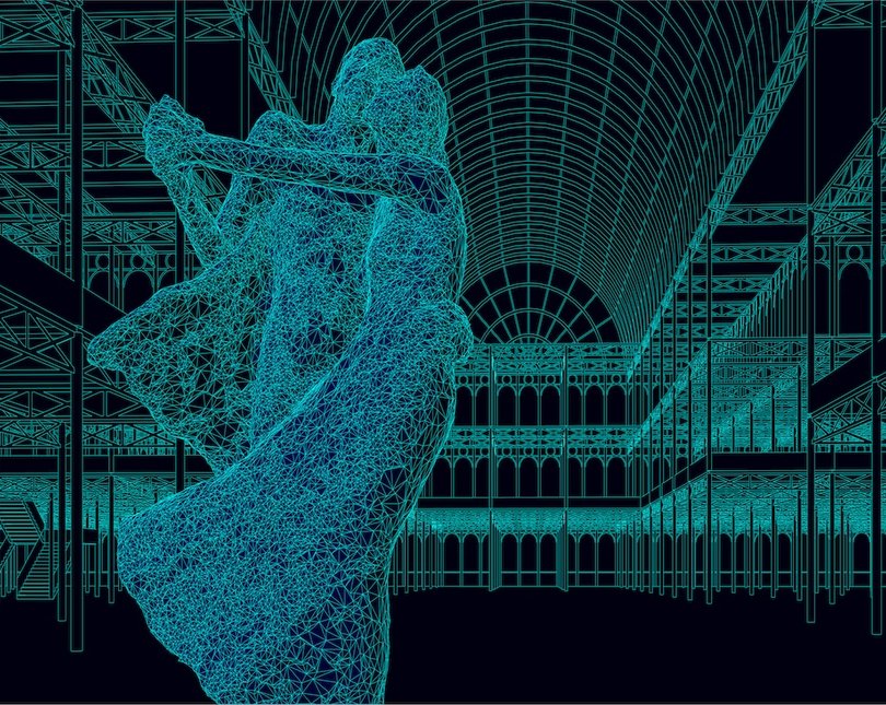 A digital illustration depicting two human figures dancing against a dark navy background, set inside a vast architectural interior reminiscent of the Crystal Palace.