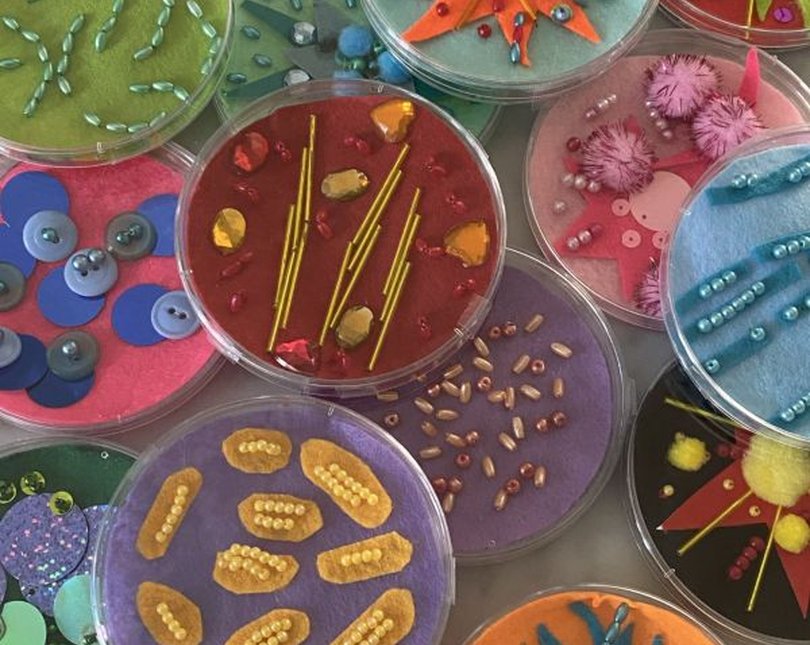 Round shapes with beads sewn onto them