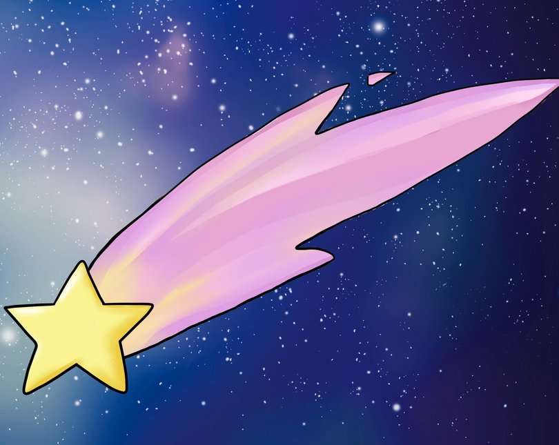 A cartoon star trailed by a pink flash against a galaxy