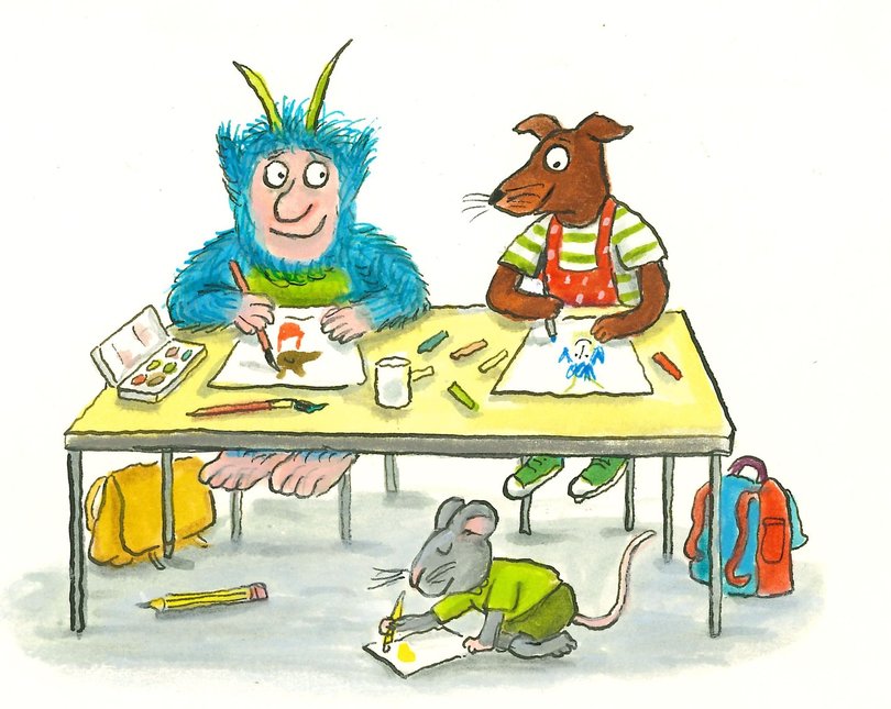 An illustrated scene, showing the alien Wuschel sitting at a table making crafts