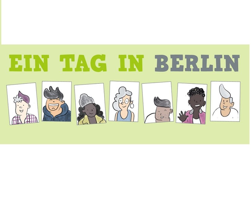 A cartoon-style row of faces on a green background with the title EIN TAG IN BERLIN
