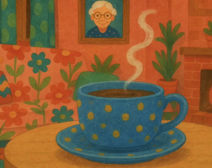 Illustration of a blue cup of tea on a table, with a painting of a grandmother hung on the wall in the background