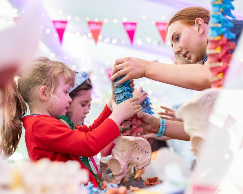 Researcher and child hold model of skeleton showing spine