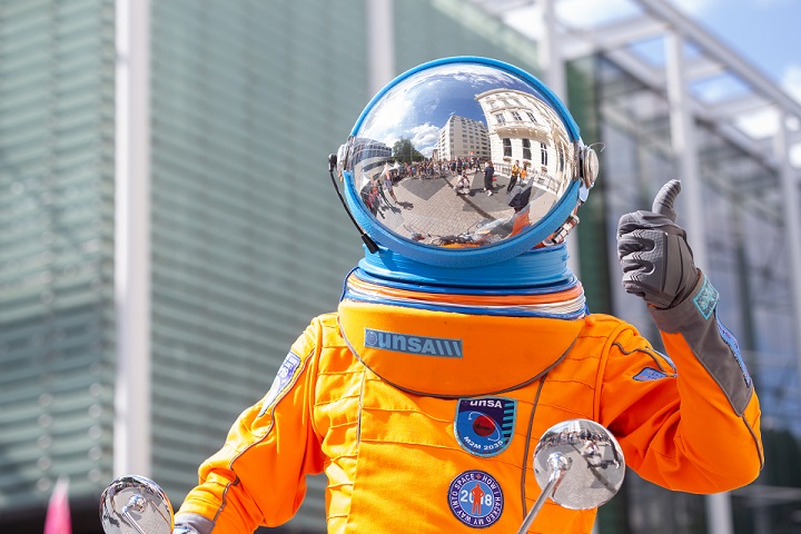 Person dressed as astronaut on Exhibition Road